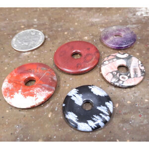 Lot of 5 Sm. Natural Gemstone Donut Beads Jasper Agate Pendants Quartz Chakra